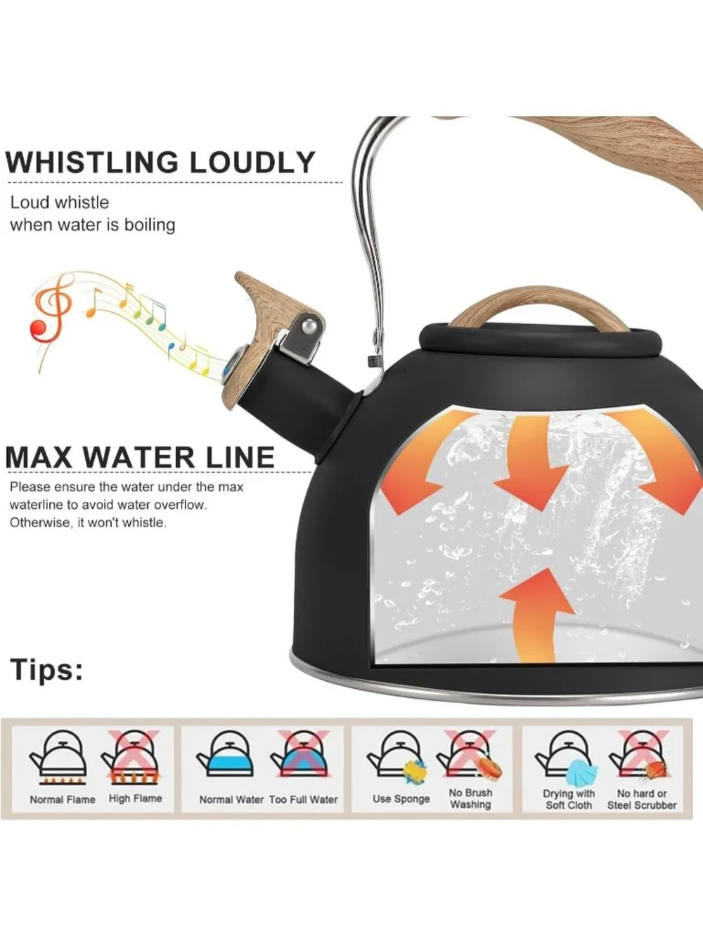 Black Kitchen Whistling Tea Kettle 100 OZ / 3 L Stainless Steel Stovetop Teapot